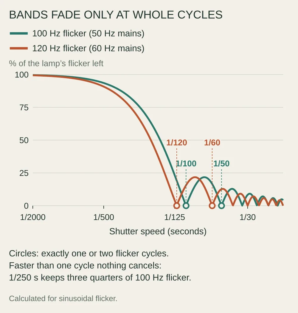 A chart of band strength against shutter speed from 1/2000 to 1/15 s. Both curves stay near 100% at fast speeds and fall steeply toward 1/125 s. The 100 Hz curve reaches zero at 1/100 and 1/50 s; the 120 Hz curve reaches zero at 1/120, 1/60, 1/40 and 1/30 s. Between those points both curves rise again to about 20% and then to smaller peaks.