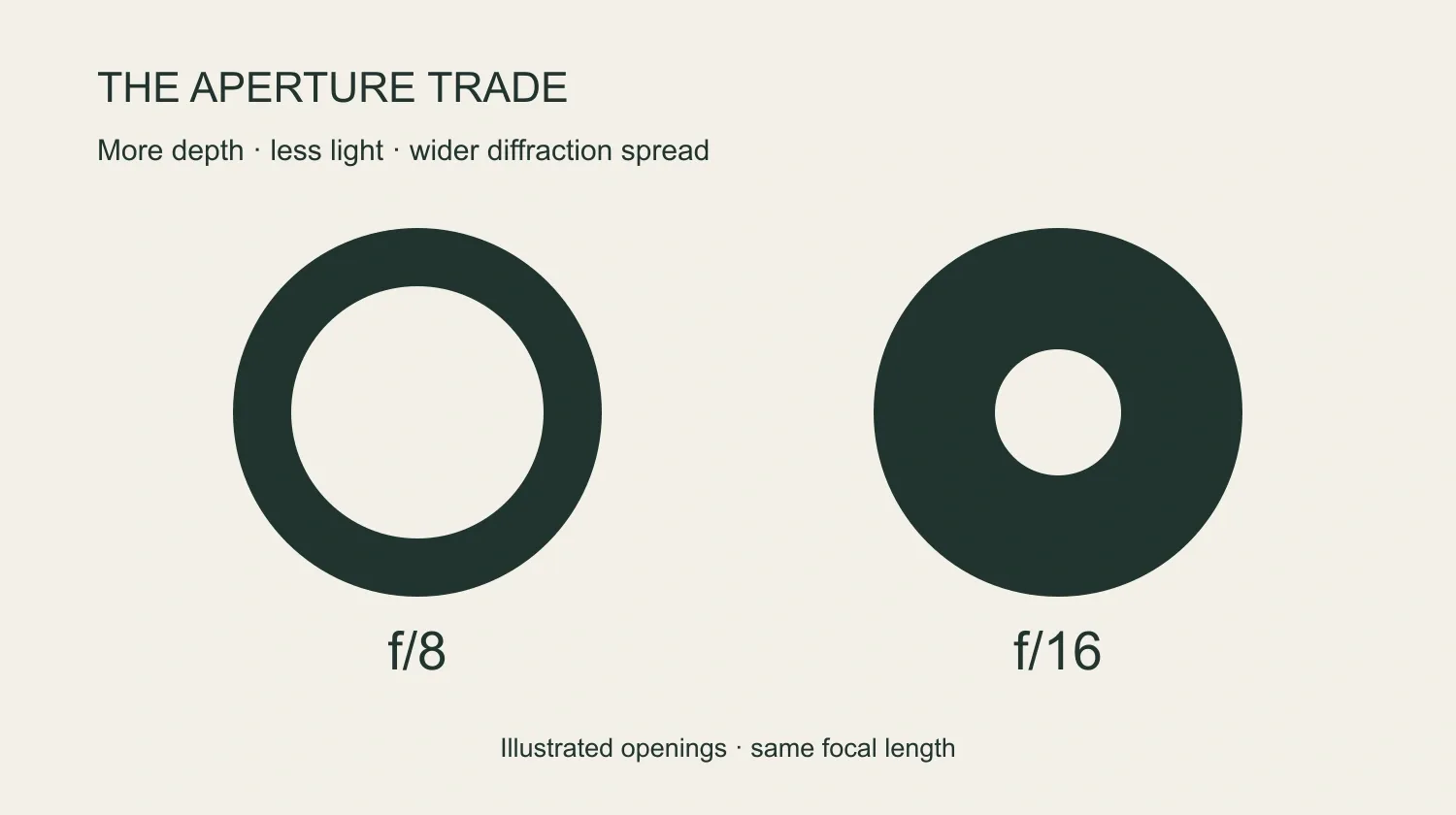Illustrated aperture openings showing f/16 at half the diameter of f/8